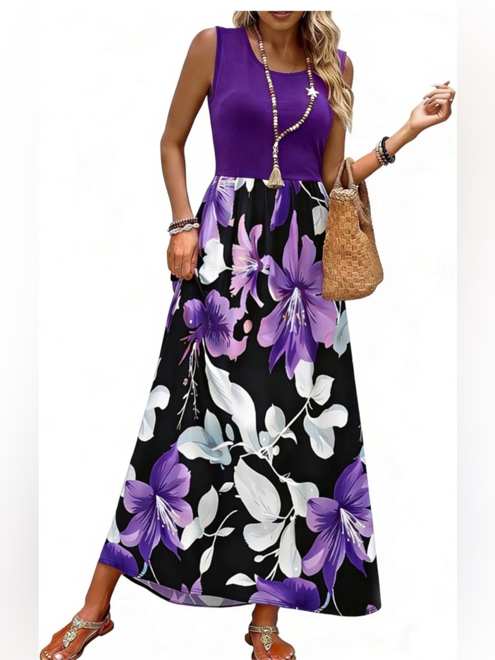 Blue Time 2XL Purple Floral Maxi Dress Sleeveless Stretch Top Flowy Summer